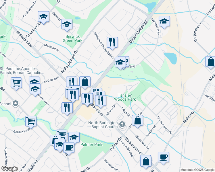 map of restaurants, bars, coffee shops, grocery stores, and more near 4050 Upper Middle Road in Burlington