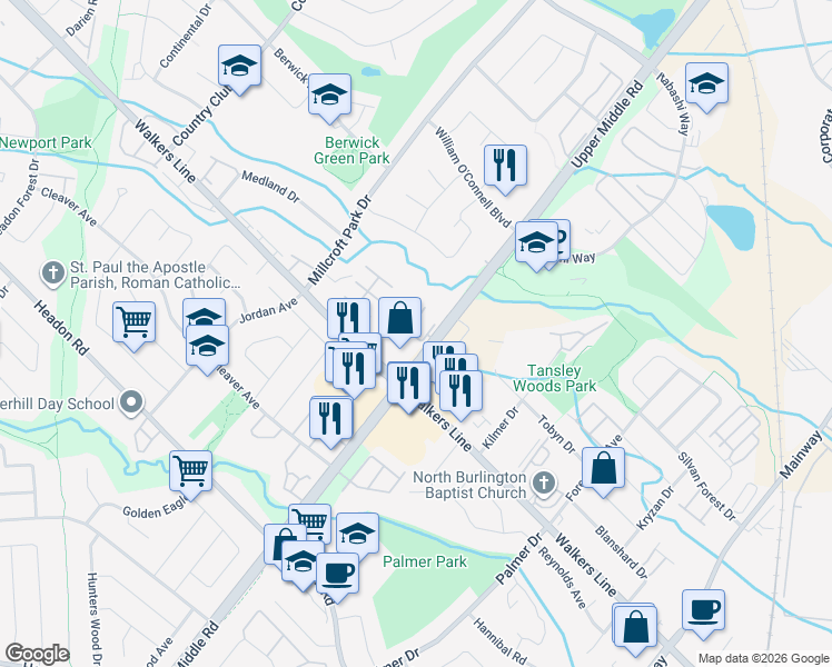 map of restaurants, bars, coffee shops, grocery stores, and more near 4045 Upper Middle Road in Burlington