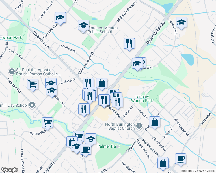 map of restaurants, bars, coffee shops, grocery stores, and more near 4030 Upper Middle Road in Burlington