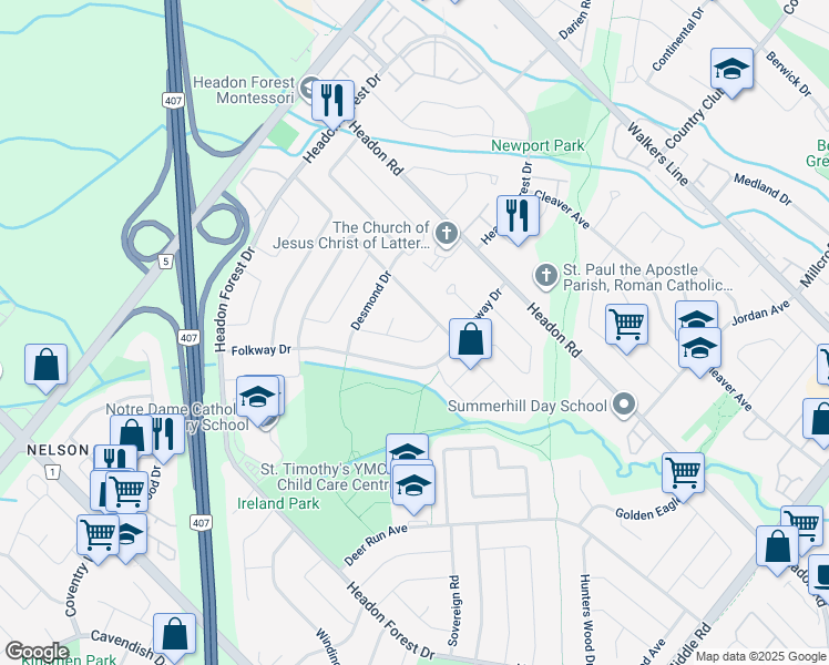 map of restaurants, bars, coffee shops, grocery stores, and more near 3271 Mead Crescent in Burlington