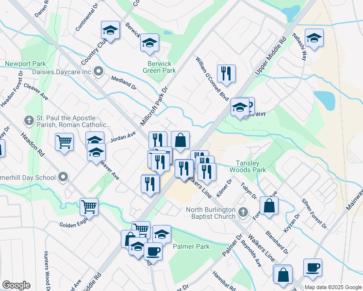 map of restaurants, bars, coffee shops, grocery stores, and more near 4045 Upper Middle Road in Burlington
