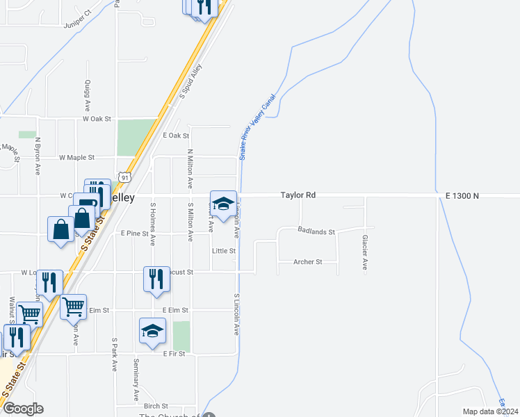 map of restaurants, bars, coffee shops, grocery stores, and more near 454 East Center Street in Shelley