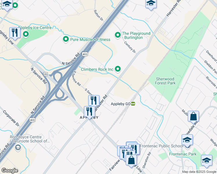 map of restaurants, bars, coffee shops, grocery stores, and more near 5115 Harvester Road in Burlington
