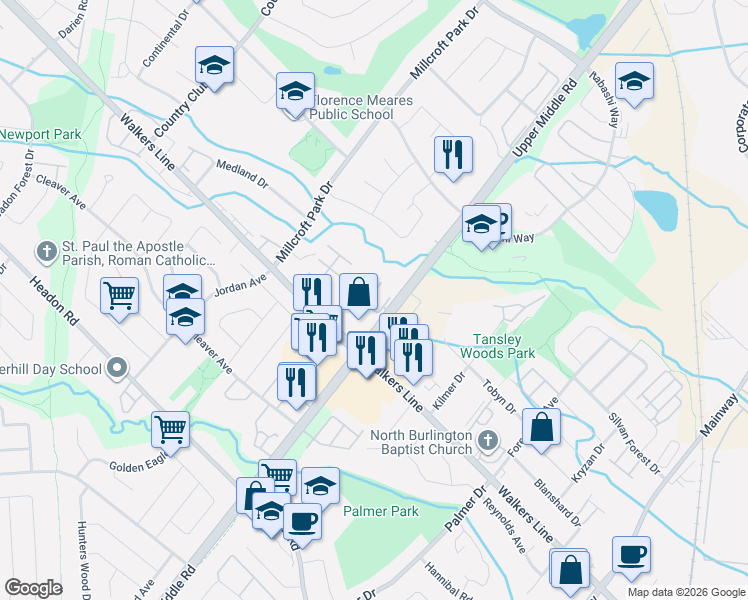 map of restaurants, bars, coffee shops, grocery stores, and more near 4045 Upper Middle Road in Burlington