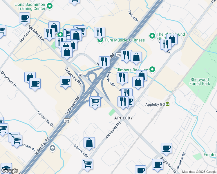 map of restaurants, bars, coffee shops, grocery stores, and more near 5045 South Service Road in Burlington