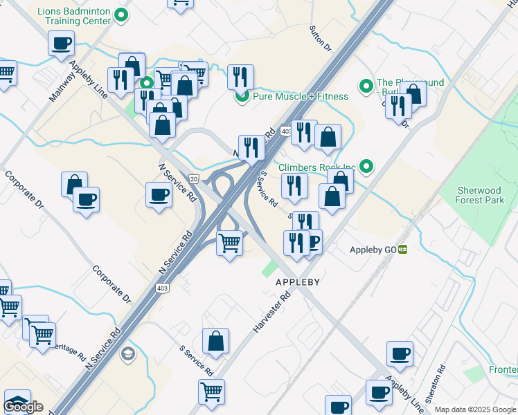 map of restaurants, bars, coffee shops, grocery stores, and more near 5045 South Service Road in Burlington