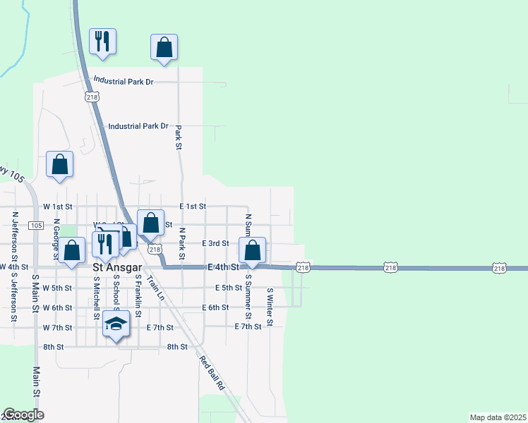 map of restaurants, bars, coffee shops, grocery stores, and more near 206 North Winter Street in Saint Ansgar