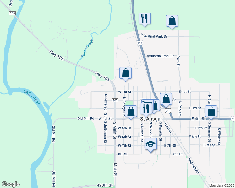 map of restaurants, bars, coffee shops, grocery stores, and more near 400-514 State Highway 105 in Saint Ansgar