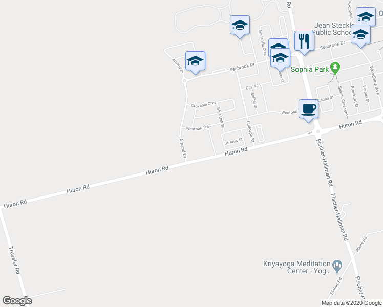map of restaurants, bars, coffee shops, grocery stores, and more near 1705 Huron Road in Kitchener