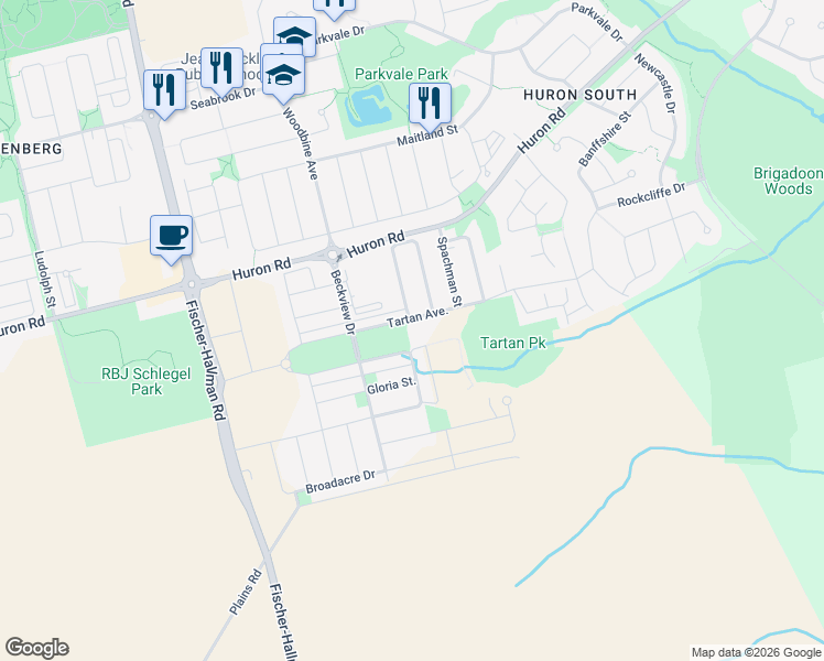 map of restaurants, bars, coffee shops, grocery stores, and more near 22 Lomond Lane in Kitchener