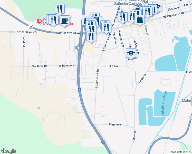 map of restaurants, bars, coffee shops, grocery stores, and more near 819 South Comstock Road in Sutherlin