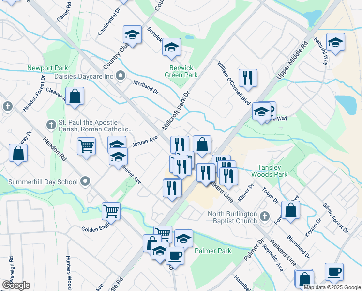 map of restaurants, bars, coffee shops, grocery stores, and more near 2055 Walkers Line in Burlington