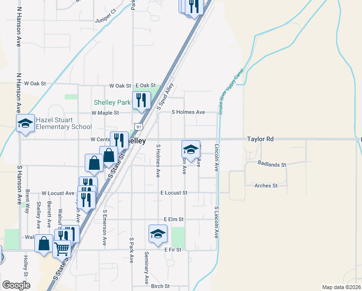 map of restaurants, bars, coffee shops, grocery stores, and more near 289 East Center Street in Shelley
