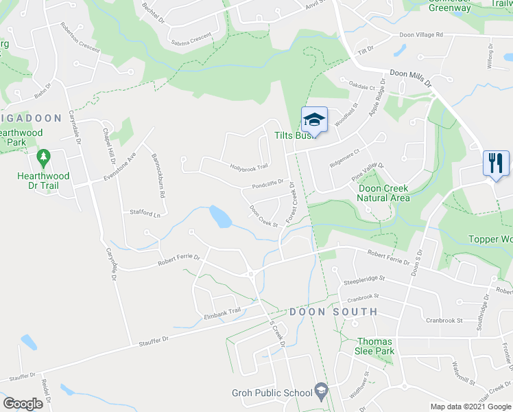 map of restaurants, bars, coffee shops, grocery stores, and more near 58 Doon Creek Street in Kitchener