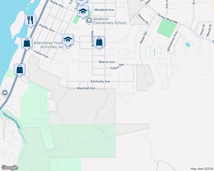 map of restaurants, bars, coffee shops, grocery stores, and more near 1123 South Morrison Street in Coos Bay