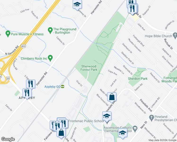 map of restaurants, bars, coffee shops, grocery stores, and more near 5970 Fairview Street in Burlington