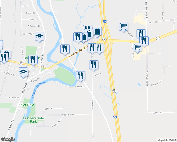 map of restaurants, bars, coffee shops, grocery stores, and more near 150 South Riverside Drive in Saukville