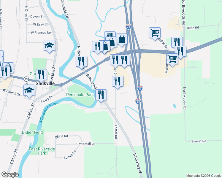 map of restaurants, bars, coffee shops, grocery stores, and more near 150 South Riverside Drive in Saukville