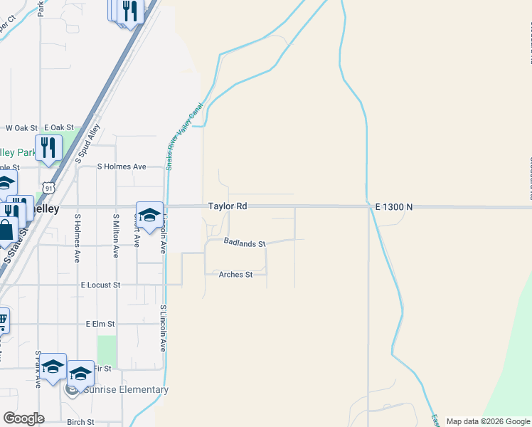 map of restaurants, bars, coffee shops, grocery stores, and more near 439-888 East 1300 North in Shelley
