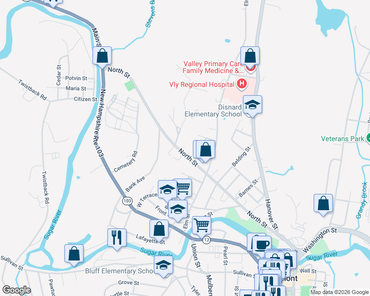 map of restaurants, bars, coffee shops, grocery stores, and more near 247 North Street in Claremont
