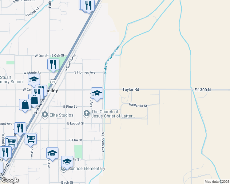 map of restaurants, bars, coffee shops, grocery stores, and more near 445 East Center Street in Shelley