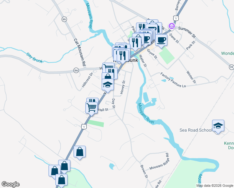 map of restaurants, bars, coffee shops, grocery stores, and more near 6 Day Street in Kennebunk