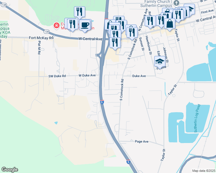 map of restaurants, bars, coffee shops, grocery stores, and more near 1476 Duke Avenue in Sutherlin