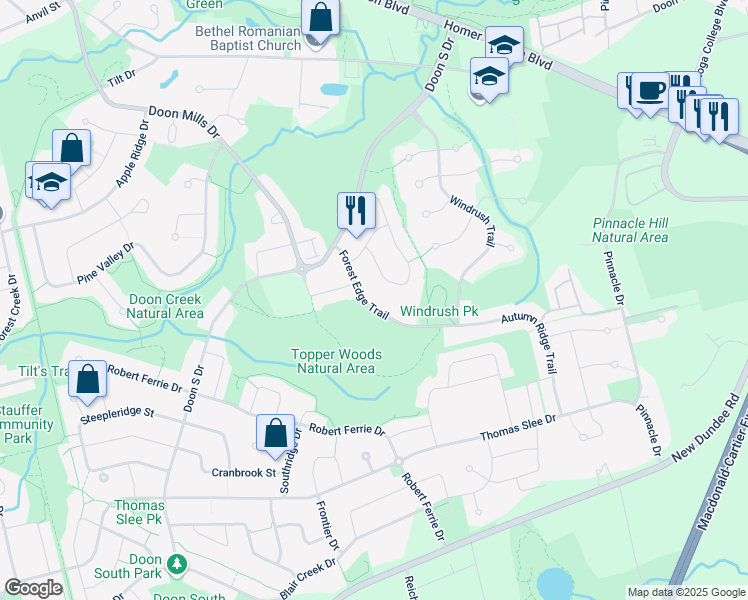 map of restaurants, bars, coffee shops, grocery stores, and more near 62 Forest Edge Trail in Kitchener