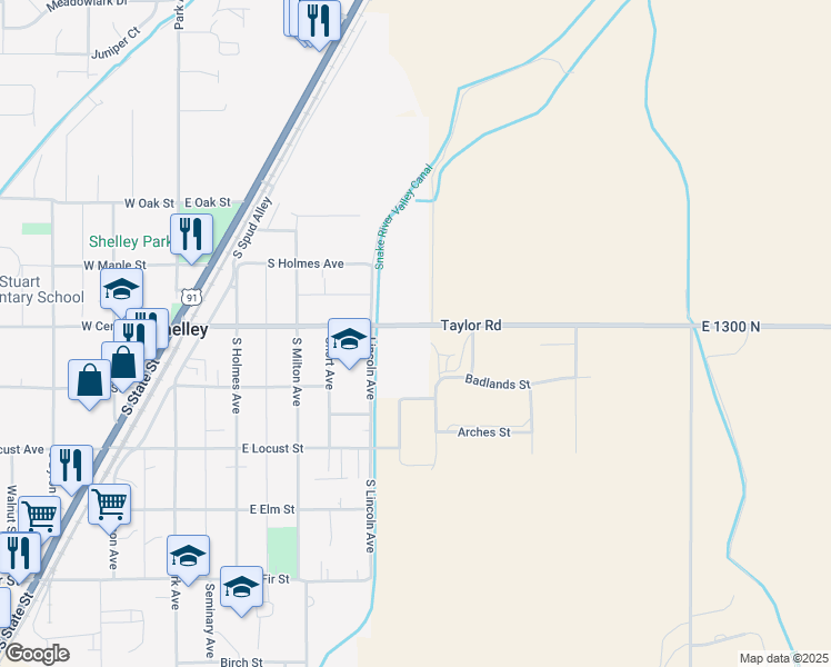 map of restaurants, bars, coffee shops, grocery stores, and more near 445 East Center Street in Shelley