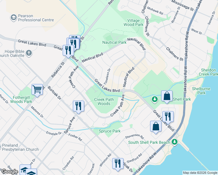 map of restaurants, bars, coffee shops, grocery stores, and more near 285 Great Lakes Boulevard in Oakville