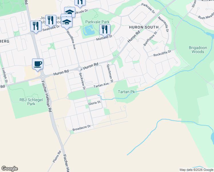 map of restaurants, bars, coffee shops, grocery stores, and more near 51 Lomond Lane in Kitchener