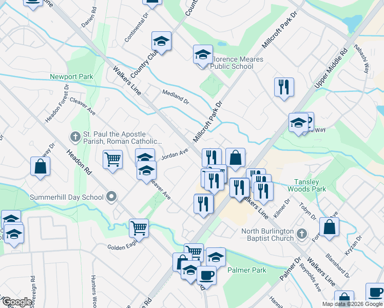 map of restaurants, bars, coffee shops, grocery stores, and more near 2113 Chrisdon Road in Burlington