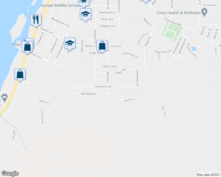map of restaurants, bars, coffee shops, grocery stores, and more near 1072 Kentucky Avenue in Coos Bay