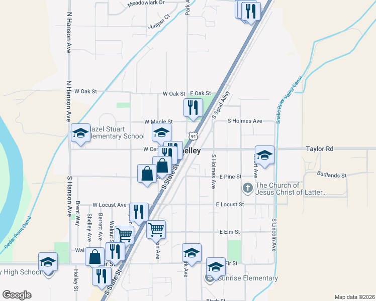 map of restaurants, bars, coffee shops, grocery stores, and more near in Shelley