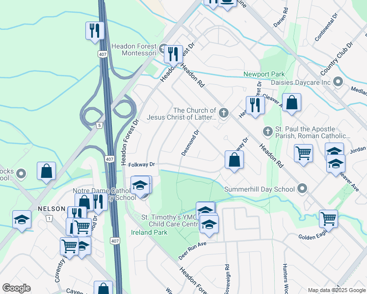 map of restaurants, bars, coffee shops, grocery stores, and more near 3195 Desmond Drive in Burlington