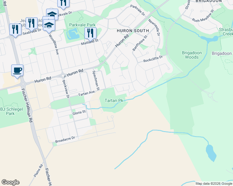 map of restaurants, bars, coffee shops, grocery stores, and more near 97 Woodedge Circle in Kitchener