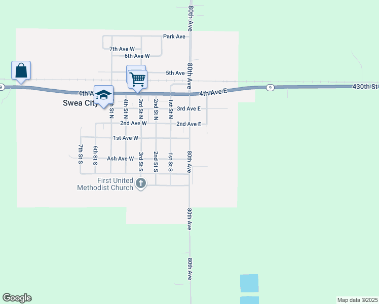 map of restaurants, bars, coffee shops, grocery stores, and more near County Highway K in Swea City