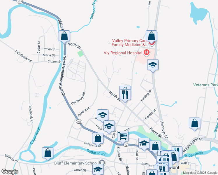 map of restaurants, bars, coffee shops, grocery stores, and more near 247 North Street in Claremont