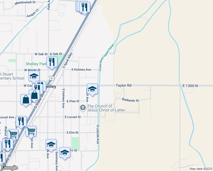 map of restaurants, bars, coffee shops, grocery stores, and more near 445 East Center Street in Shelley