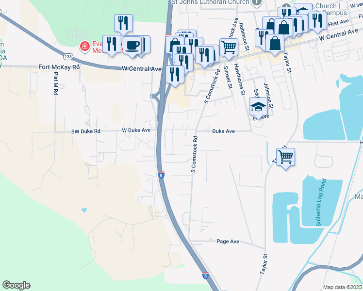 map of restaurants, bars, coffee shops, grocery stores, and more near 751 South Comstock Road in Sutherlin