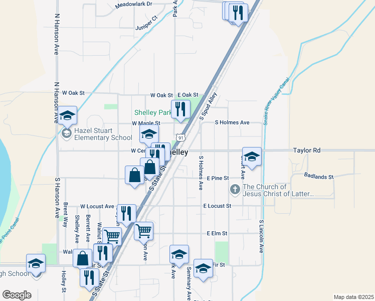 map of restaurants, bars, coffee shops, grocery stores, and more near 101 East Center Street in Shelley
