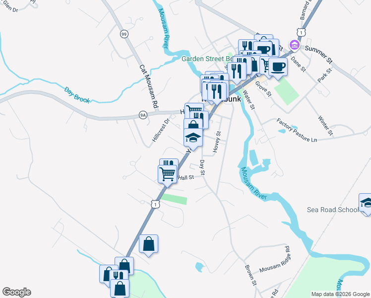 map of restaurants, bars, coffee shops, grocery stores, and more near 16 Chamberlain Way in Kennebunk