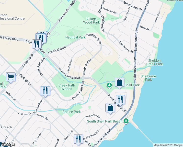 map of restaurants, bars, coffee shops, grocery stores, and more near 3288 Summerset Court in Oakville
