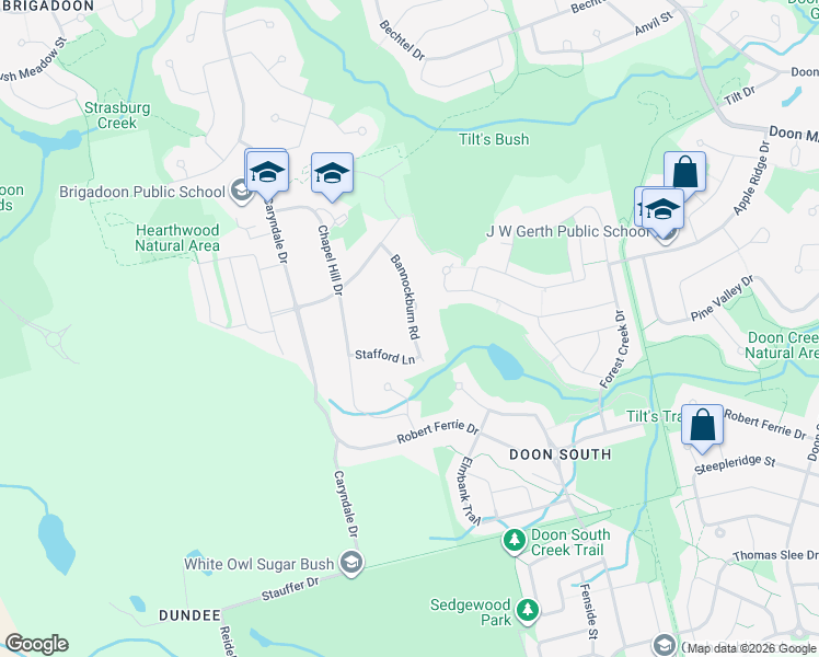map of restaurants, bars, coffee shops, grocery stores, and more near 39 Bannockburn Road in Kitchener