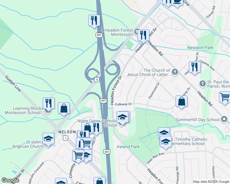 map of restaurants, bars, coffee shops, grocery stores, and more near 2417 Headon Forest Drive in Burlington