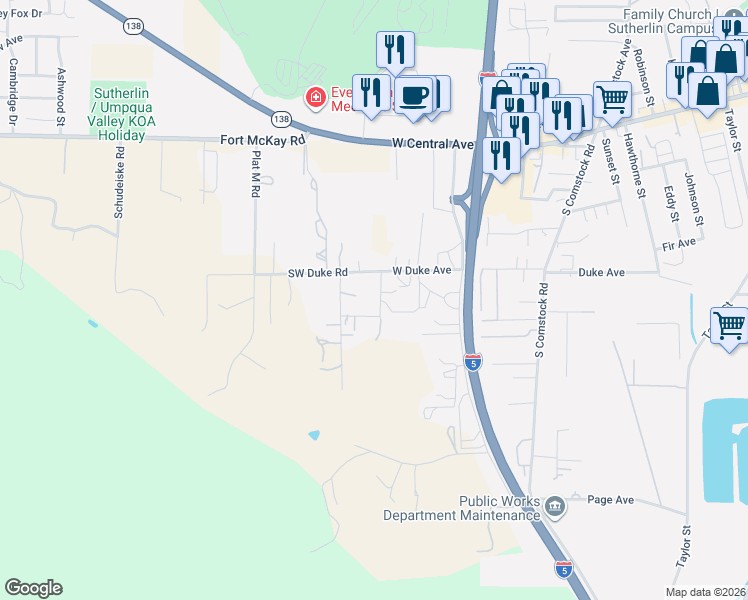 map of restaurants, bars, coffee shops, grocery stores, and more near 1776 Duke Avenue in Sutherlin