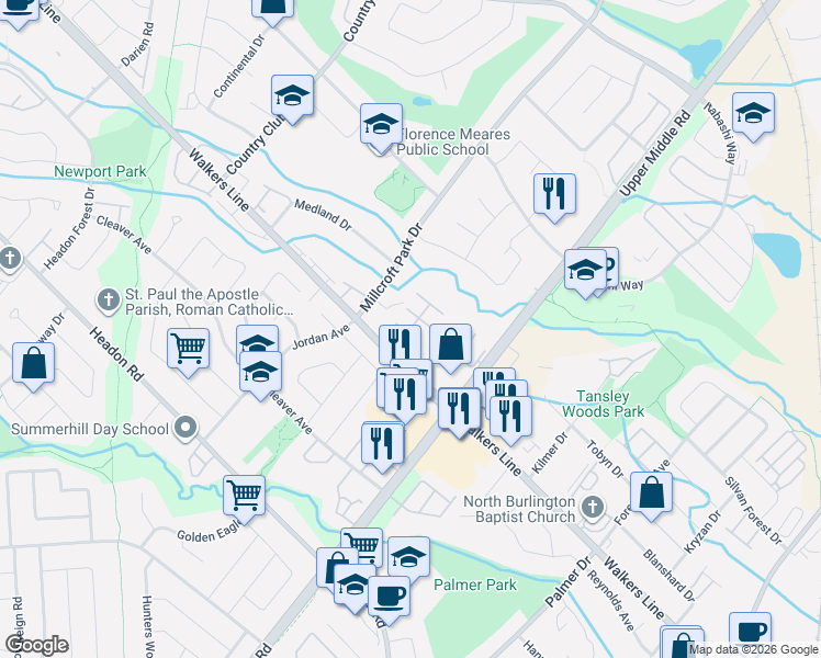 map of restaurants, bars, coffee shops, grocery stores, and more near 431 Walkers Line in Burlington