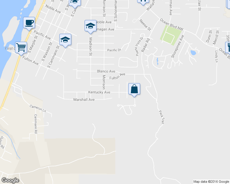 map of restaurants, bars, coffee shops, grocery stores, and more near 1072 Kentucky Avenue in Coos Bay