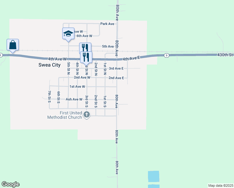 map of restaurants, bars, coffee shops, grocery stores, and more near 100-102 County Highway K in Swea City