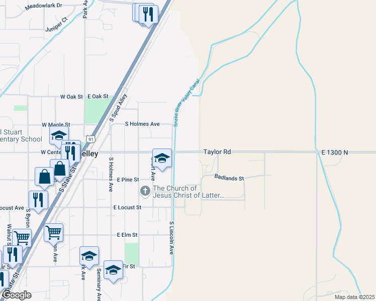 map of restaurants, bars, coffee shops, grocery stores, and more near 445 East Center Street in Shelley
